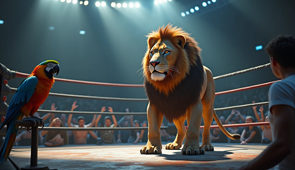 Depict a powerful scene inside an MMA ring where a majestic lion stands confidently in the center, its muscular frame and sharp claws ready for battle. The lion's mane is slightly ruffled, and its intense eyes are focused forward, exuding strength and dominance. In the audience, a parrot stands on a perch, watching the lion with keen interest. The parrot's vibrant feathers stand out among the crowd, and it appears small yet observant, contrasting with the lion's imposing presence. The ring is surrounded by a mix of intrigued and excited spectators, and the lighting casts dramatic shadows, emphasizing the tension and anticipation in the air.