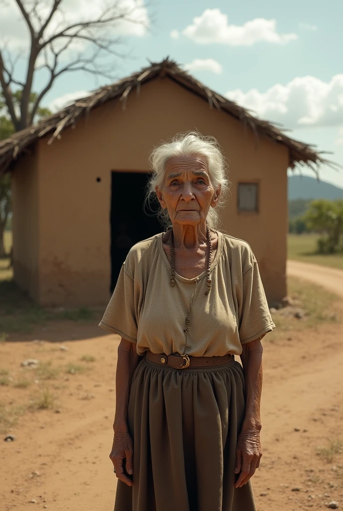 Old woman standing in front of an old mud and straw house in the 1950s in northeastern Brazil 