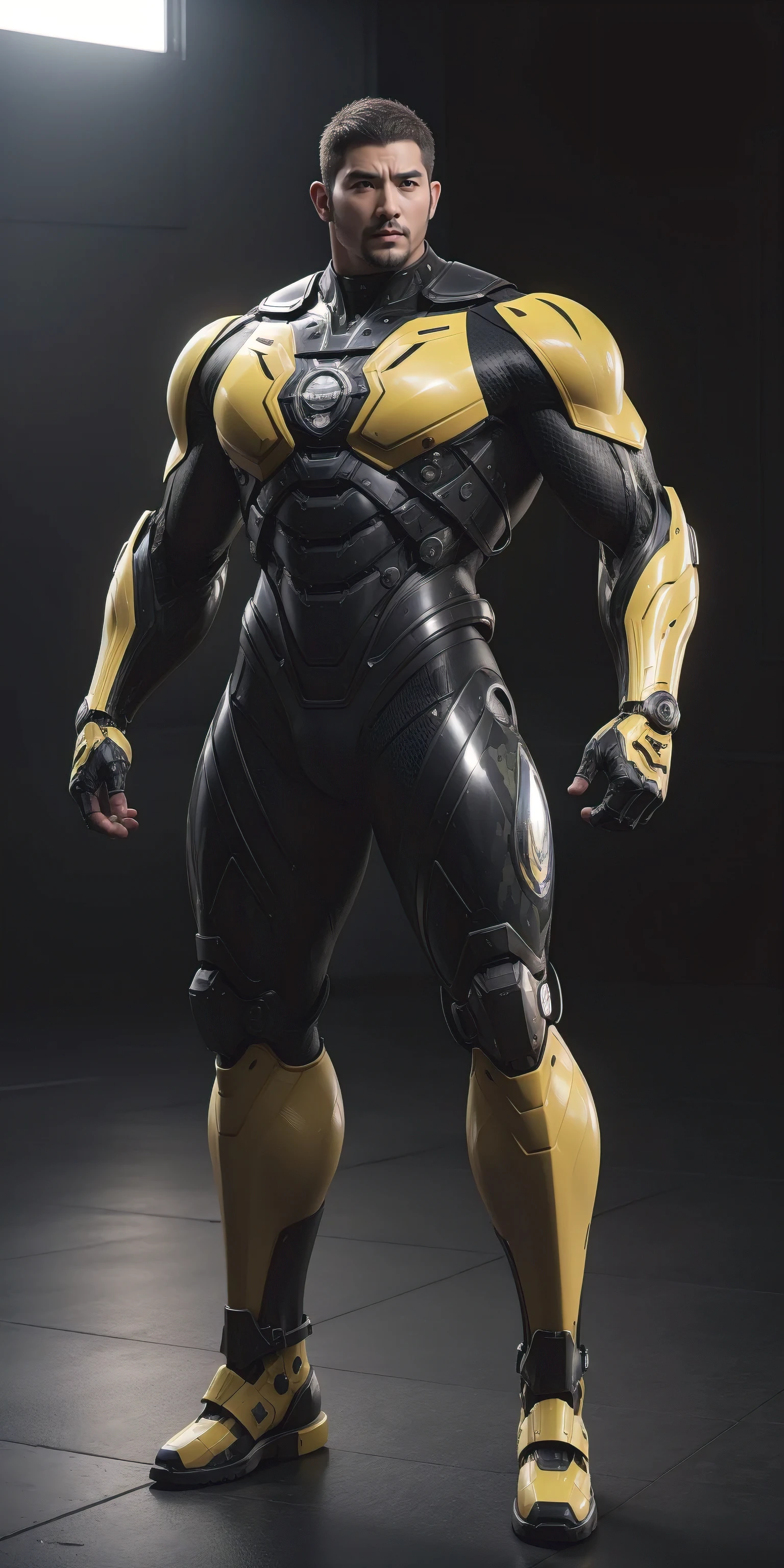 Tall giant muscular police officer,He wears a closed helmet,Headgear,Buzz Cut,Very long legs,Yellow and black camouflage patterned nano mecha,Honeycomb pattern,Lightweight texture,Character Concept(Resident Evil - Chris Redfield,Chris Redfield)senior police officer,Small grid texture,Regular symmetrical texture pattern,Sad expression,Deep and charming eyes,Standing in a bright mechanical laboratory,Emerald Eyes Hero,Heroic male pose,Tall burly,muscular!Attractive leg muscles,High target, Burly, Heqiang, Super Buff and Coolness, High Resolution Committee, Bigfoot yellow-gray ultra-thin nano-mechanical boots,Charismatic strongman,The bright sunshine shines on you,Matte particles,Shiny texture