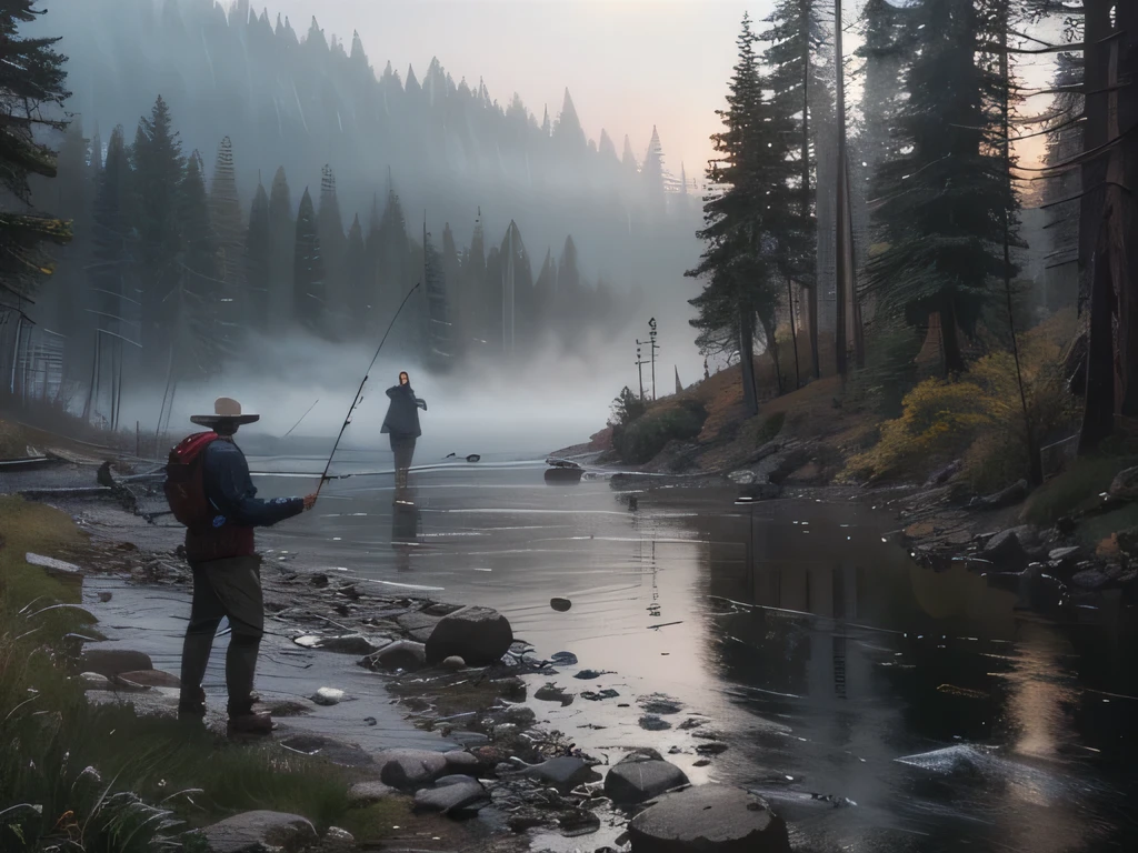 a man fishing by a river, eerie mist rising from the water, sinister atmosphere, cursed spirits, (ultra-realistic 8k cg, raw photograph, masterpiece, high resolution vivid color photo), professional photography, realistic, photorealistic, high quality, cinematic lighting, masterpiece, strong rim lighting