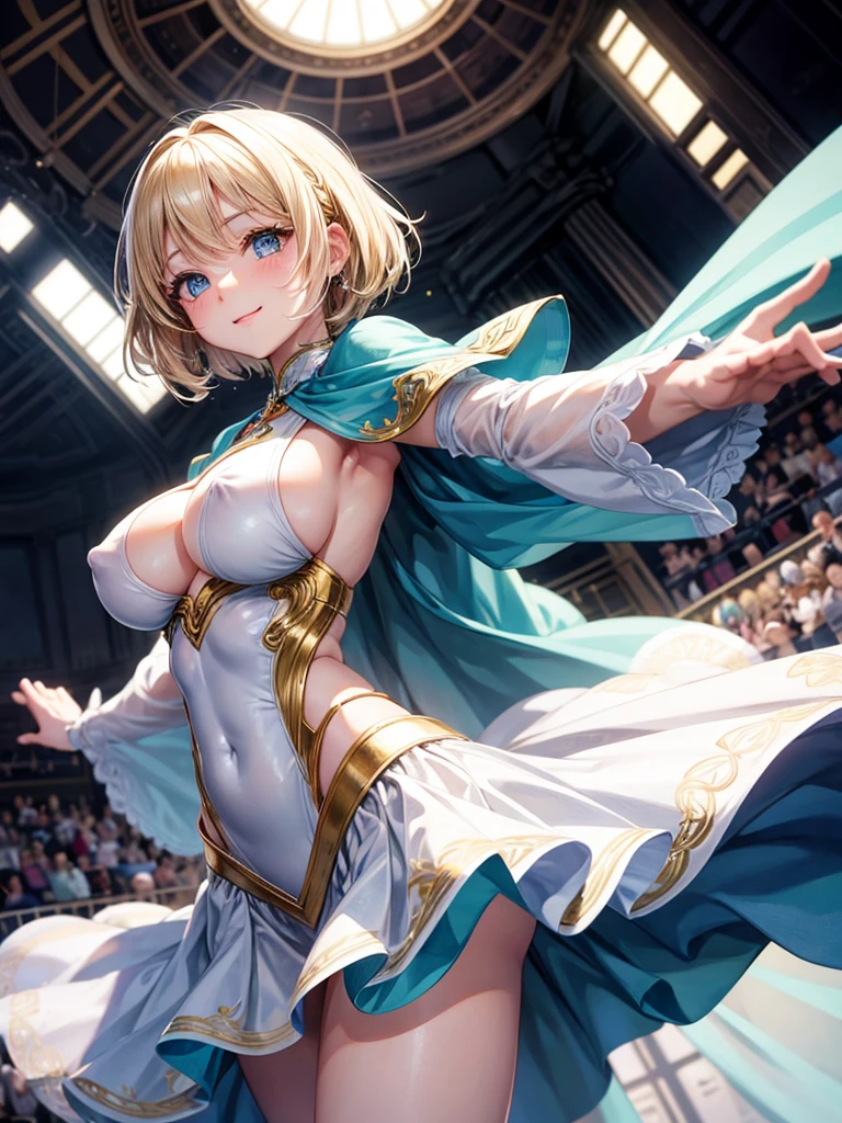 Anime style, super fine illustration, super clear illustration, highly detailed, beautiful detailed, super pale tone image, super delicate illustration, super calm & static image, static representation, gentle expression, happy expression, 8k, pretty 1girl with blonde straight short hair & blue eyes & a bright smile & huge breasts & nipples & soft fair skin is wearing the reggae dancer black costume, on the stage, solo, complete fingers, perfect fingers, perfect arms, perfect legs, masterpiece.