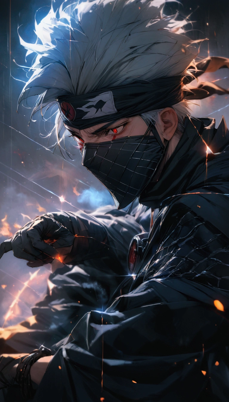 (masterpiece:1.3),(Highest quality:1.4),(Very detailedな:1.5),High resolution,Very detailed,8K,(1 male,sukuna ryoumen,Kakashi hatale,White Hair),（The costume is a white kimono、Black scarf）Laugh fearlessly、Saringan eyes、（The background is an image of a fiery hell）