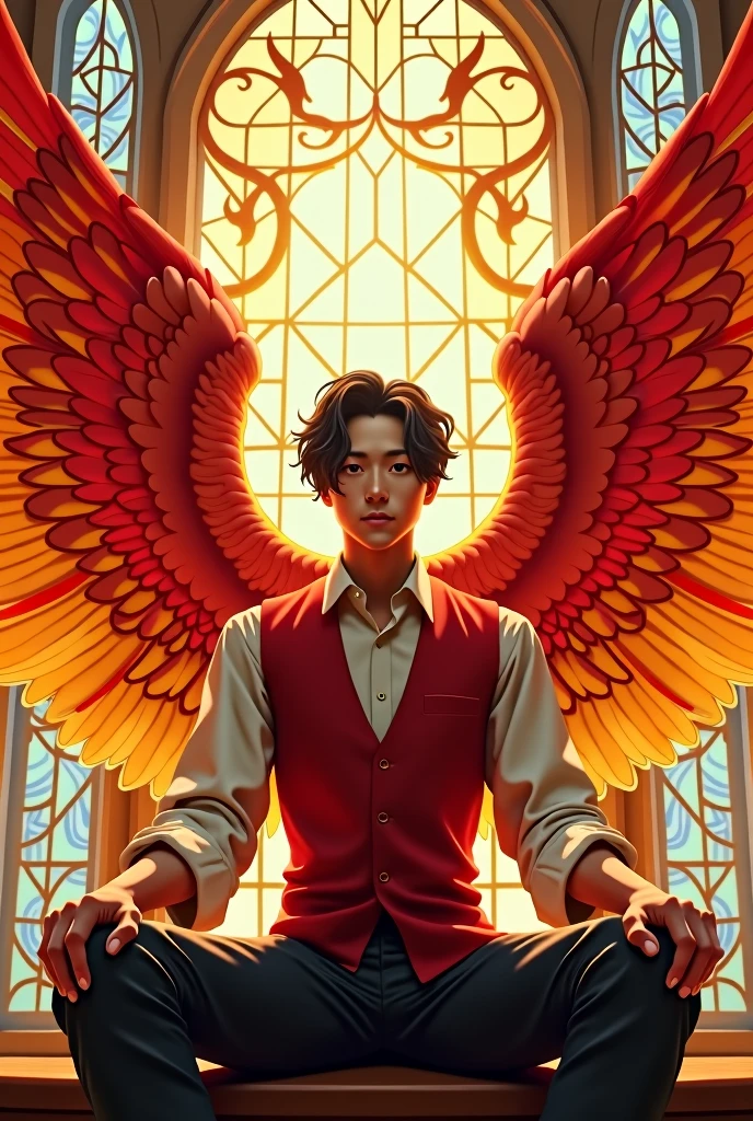 The image shows a young Asian man with black, comma-style hair with red, orange, and yellow wings extending from his back. He sat on a chair in a dignified posture. Wear a white shirt and red vest. The backdrop is a stained glass pattern that conveys sacredness and power. This image gives a feeling of power and special power to the characters.