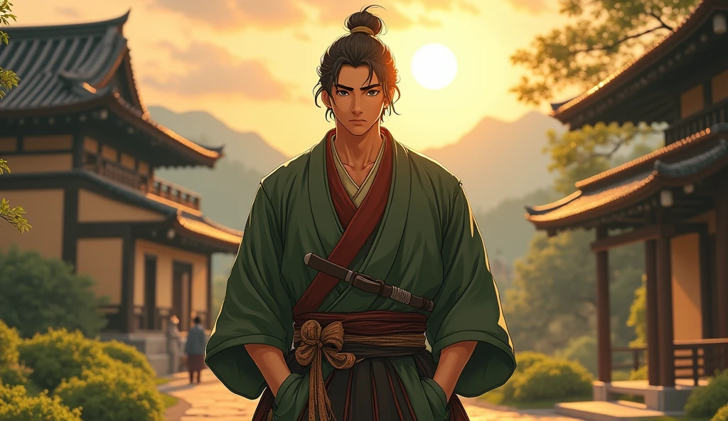 (best quality, masterpiece, ultra detailed, ultra high res, photorealistic, raw photo, absurdres, absolutely resolution), His name is Momotaro、A young, muscular, handsome samurai、I left the village with millet dumplings stuffed in my pockets.