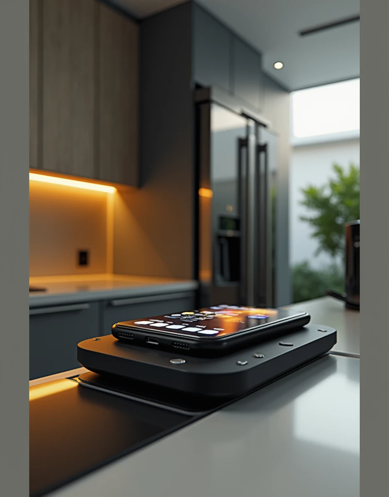 There is a smartphone in the kitchen