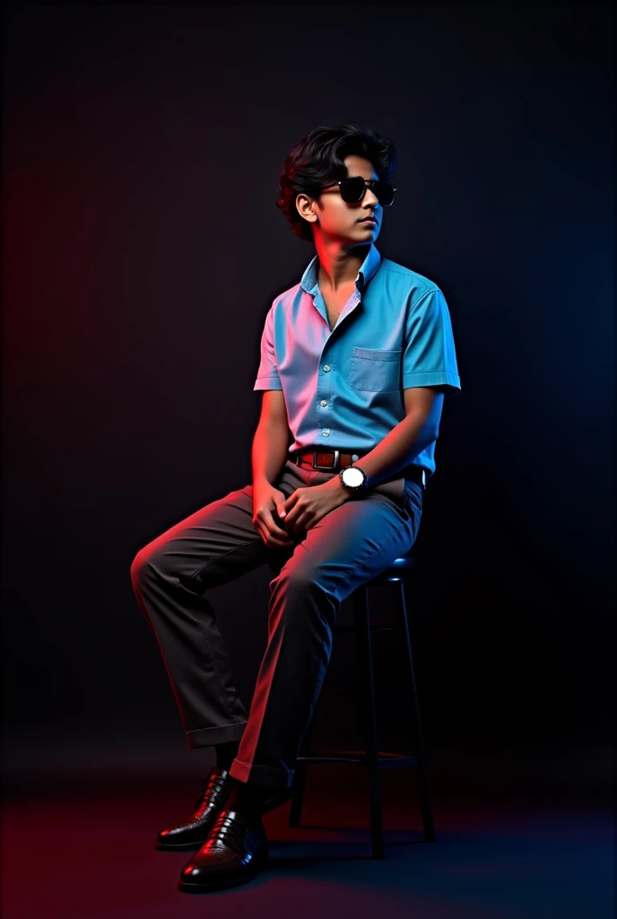A tan boy with and black wave hair and wearing a sunglass, sky blue short sleeve shirt tucked with dark brown belt with white long trousers , old watch, dark brown loafers and sitting on black stool and black background around red and blue light on it the boy turning right side and seeing right side