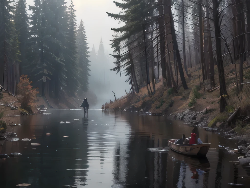 a man fishing by a river, eerie mist rising from the water, sinister atmosphere, cursed spirits, (ultra-realistic 8k cg, raw photograph, masterpiece, high resolution vivid color photo), professional photography, realistic, photorealistic, high quality, cinematic lighting, masterpiece, strong rim lighting