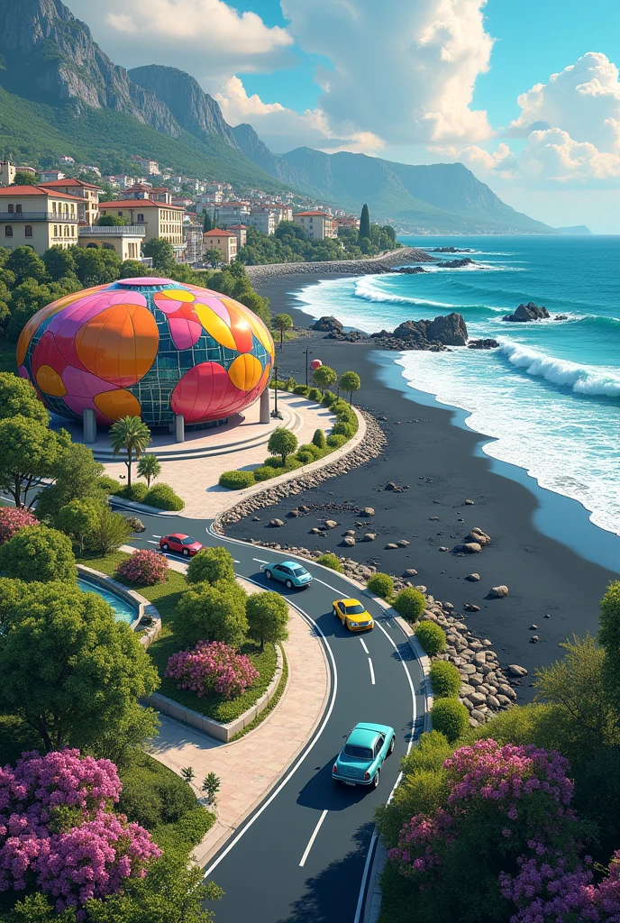 (work of art)), (detailded), 1 city with a European style.  ,common large colorful modern museum on the beachfront. cars passing around beautiful and modern buildings with trees and flowers around.   Very beautiful beach town with dark sand and big waves 