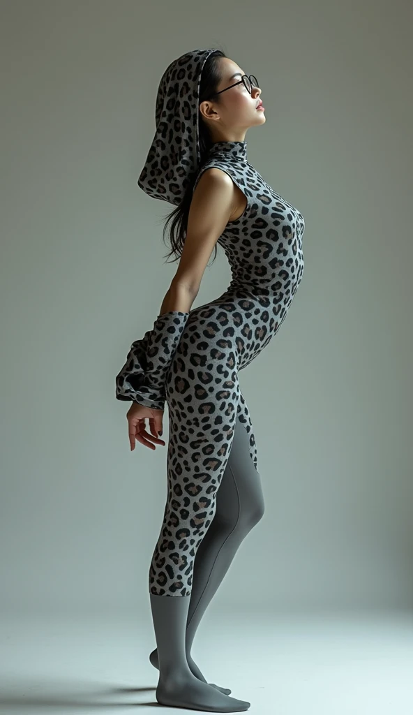 a most beautiful and thin 3 chinese contortion woman is wearing a pair of glasses wears grey leopard lycra footed turtleneck unitard catsuit.She always wear leopard unitard hijab-like hood.She is the most beautiful and has beautiful cheeks.
