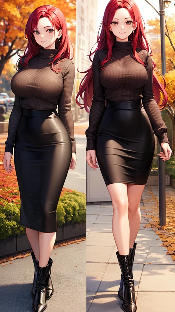 masterpiece, best quality, high detail, beautiful woman, long hair, red hair, large bust, ((brown sweater)), black midi pencil skirt, (((long black skirt))), tight pencil skirt, wide hips, red scarf, boots, looking at viewer, light smile, fall background, autumn leaves, tree, park, garden