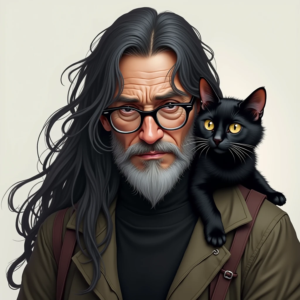 Old man with long black hair and beard、Wearing glasses and carrying a black cat。