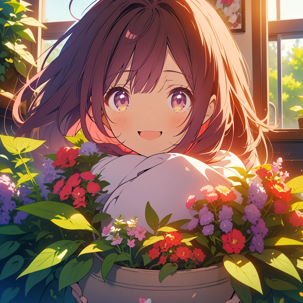 kawaii, anime, Cute, hyper quality, highly detailed, 8k, Clarity, Draw facial expressions in detail, Girl with long dark brown hair and green eyes, red salvia flowers, salvia in planter, whole body, love, smile, A young smiling girl with pale pink scarlet eyes., purple salvia, good mood,  with light pink hair, good friends, embrace, purple salvia flowers, 