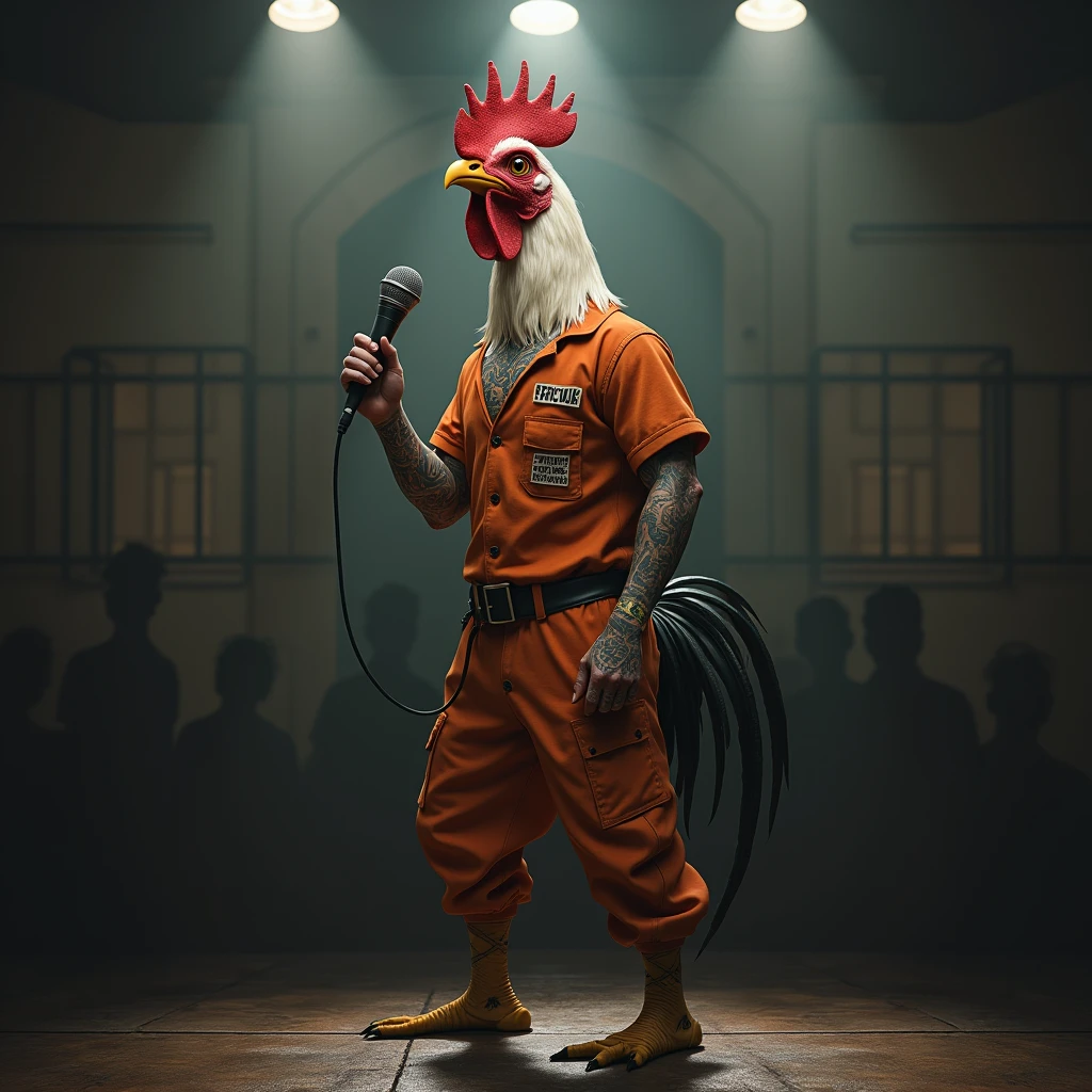 realistic image of a rooster in prison clothes, with tattoos, singing with a microphone in his hand on stage, for the audience