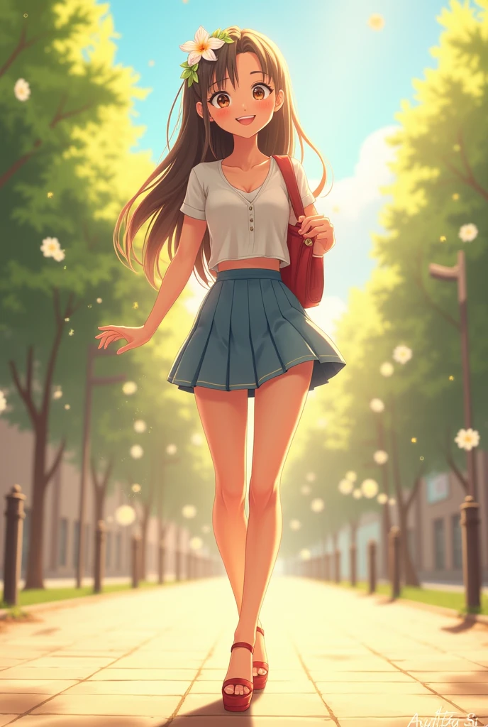 Ultra high quality,High heel,Long legs,happy,Sunlight,Short skirt,full-body shot,Wear flowers on your head,charming,student