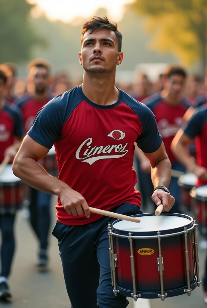Man with a red and white navy blue t-shirt that says "Cisneros" playing multitenor percussions marching band