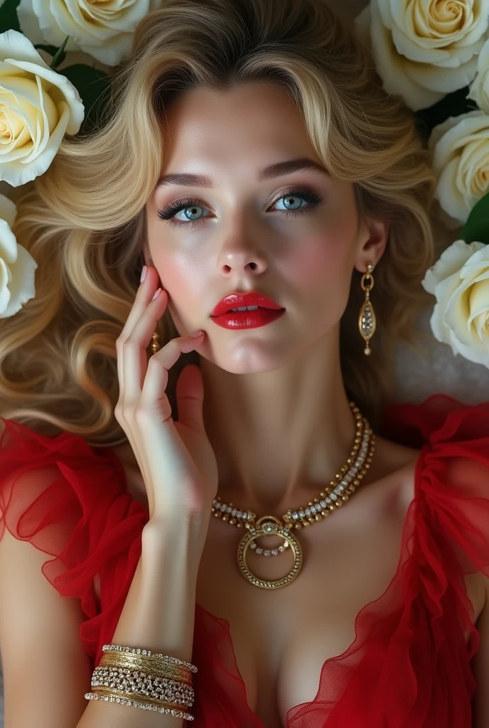 woman lying on a bed of white roses, long transparent red silk dress, highly detailed black lace, blonde, circular gold bracelet, earrings and necklaces with precious jewels, full lips, intense red lips, eyes outlined, big eyelashes, gently touching your face, melissa sue anderson, 20 years old