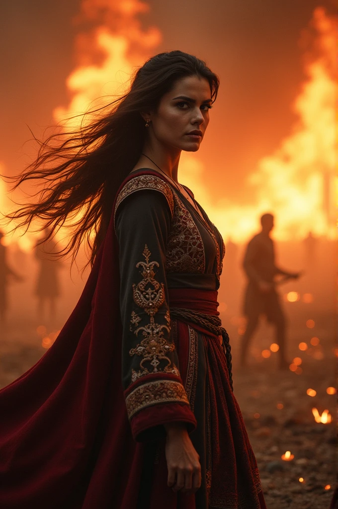 An intense scene with an alluring Azerbaijani woman in the foreground. She has strong, determined eyes, framed by her dark, flowing hair. She wears traditional Azerbaijani clothing, richly embroidered with intricate patterns, symbolizing cultural pride. Behind her, the background is engulfed in flames, resembling a fierce battle scene. The flames are wild and chaotic, casting a fiery glow that highlights her resolve and strength. Embers and smoke fill the air, adding to the drama of the moment, while shadows of distant combatants can be faintly seen through the inferno.Size: 1024x1024