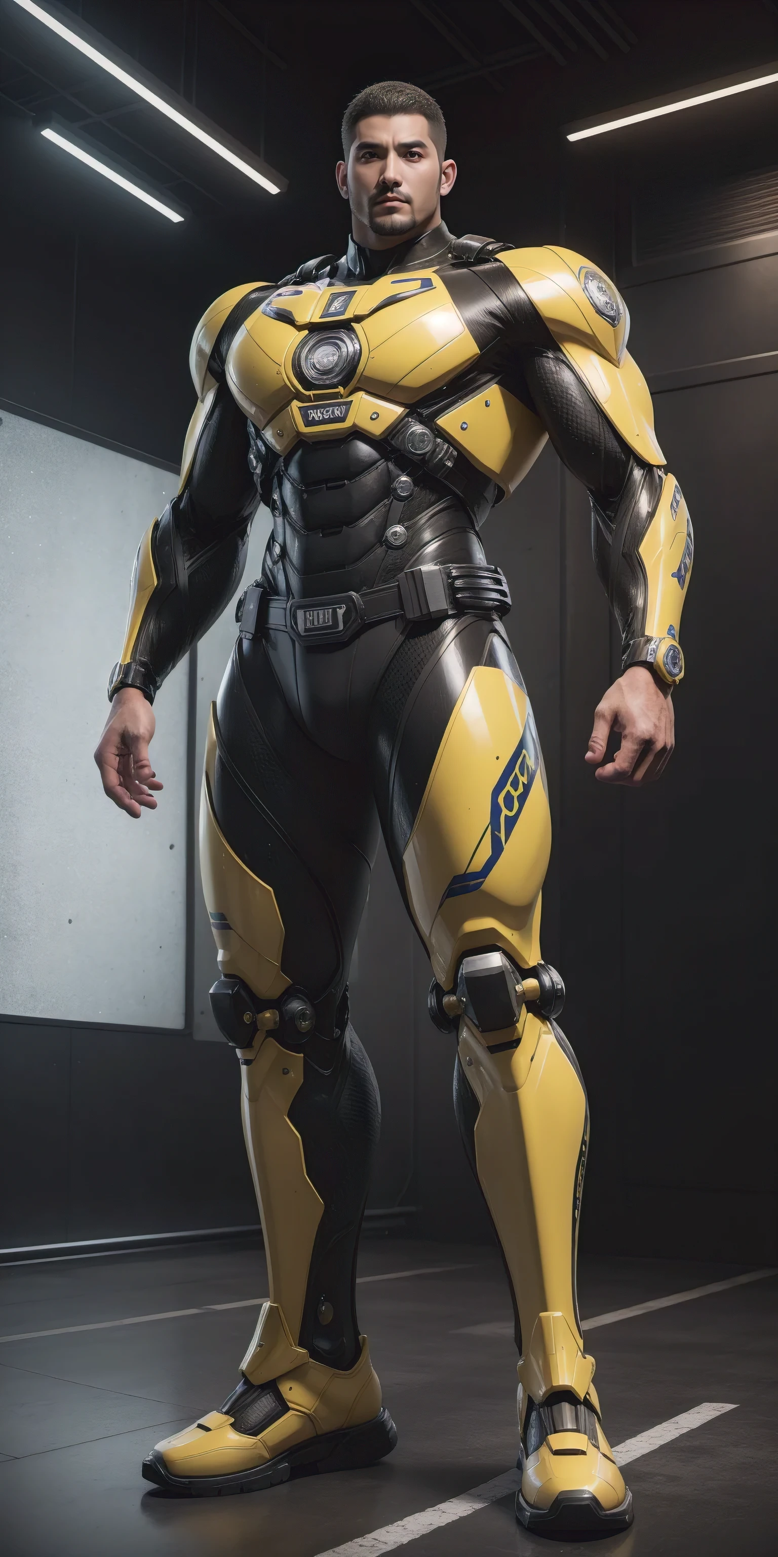 Tall giant muscular police officer,He wears a closed helmet,Headgear,Buzz Cut,Very long legs,Yellow and black camouflage patterned nano mecha,Honeycomb pattern,Lightweight texture,Character Concept(Resident Evil - Chris Redfield,Chris Redfield)senior police officer,Small grid texture,Regular symmetrical texture pattern,Sad expression,Deep and charming eyes,Standing in a bright mechanical laboratory,Emerald Eyes Hero,Heroic male pose,Tall burly,muscular!Attractive leg muscles,High target, Burly, Heqiang, Super Buff and Coolness, High Resolution Committee, Bigfoot yellow-gray ultra-thin nano-mechanical boots,Charismatic strongman,The bright sunshine shines on you,Matte particles,Shiny texture