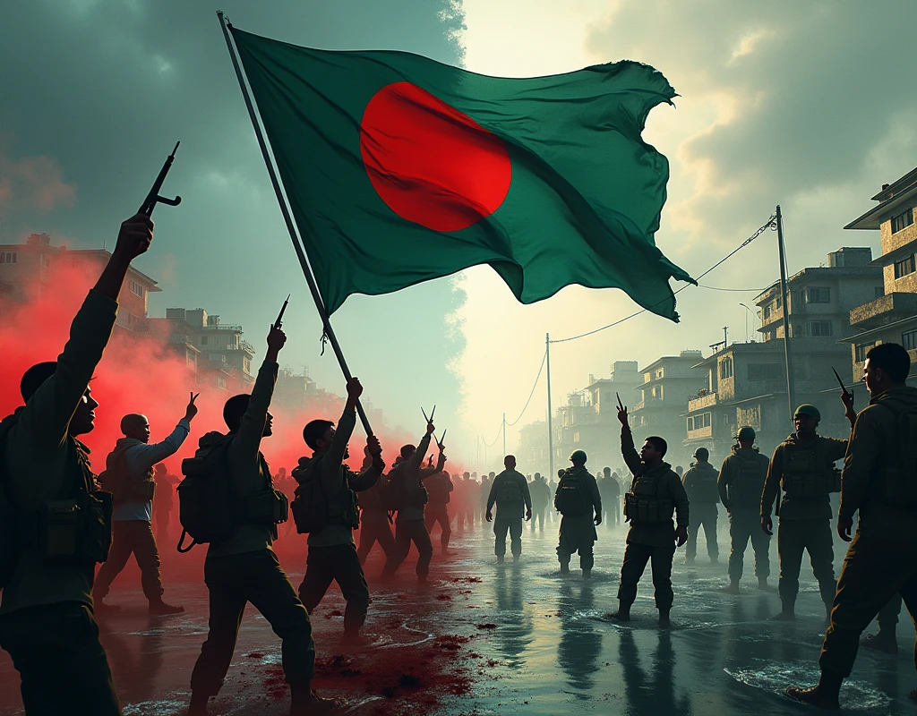 Create an image divided into two powerful scenes, unified by the presence of the **Bangladeshi flag** symbolizing resilience:

- **Left Side:** A vivid and intense portrayal of the **Bloody July** protests in Bangladesh against a dictator government. The scene should depict determined Bangladeshi protesters clashing with heavily armed forces. Banners and flags, including the Bangladeshi flag, are raised high, with streets filled with tear gas and the red of blood symbolizing the cost of fighting for freedom. The atmosphere is tense, with dark clouds overhead, representing oppression and the struggle for justice.

- **Right Side:** A contrasting yet equally dramatic depiction of **Floody August** in Bangladesh, focusing on the devastating effects of floods in the regions of **Comilla, Feni, and Noakhali**, caused by India's dam opening without notice. The scene should show submerged homes, people wading through waist-deep water, and desperate families seeking refuge on rooftops, with the Bangladeshi flag standing tall amidst the chaos. The background features raging waters overwhelming everything in its path, with key locations in Comilla, Feni, and Noakhali prominently marked. The water should be tinged with darkness to reflect the anger and sorrow of the people.

The overall mood should be somber yet resilient, with a seamless transition between the two scenes, highlighting the ongoing struggle and suffering of Bangladesh. The Bangladeshi flag should be a prominent, unifying symbol across both sides of the image, representing hope and resistance.