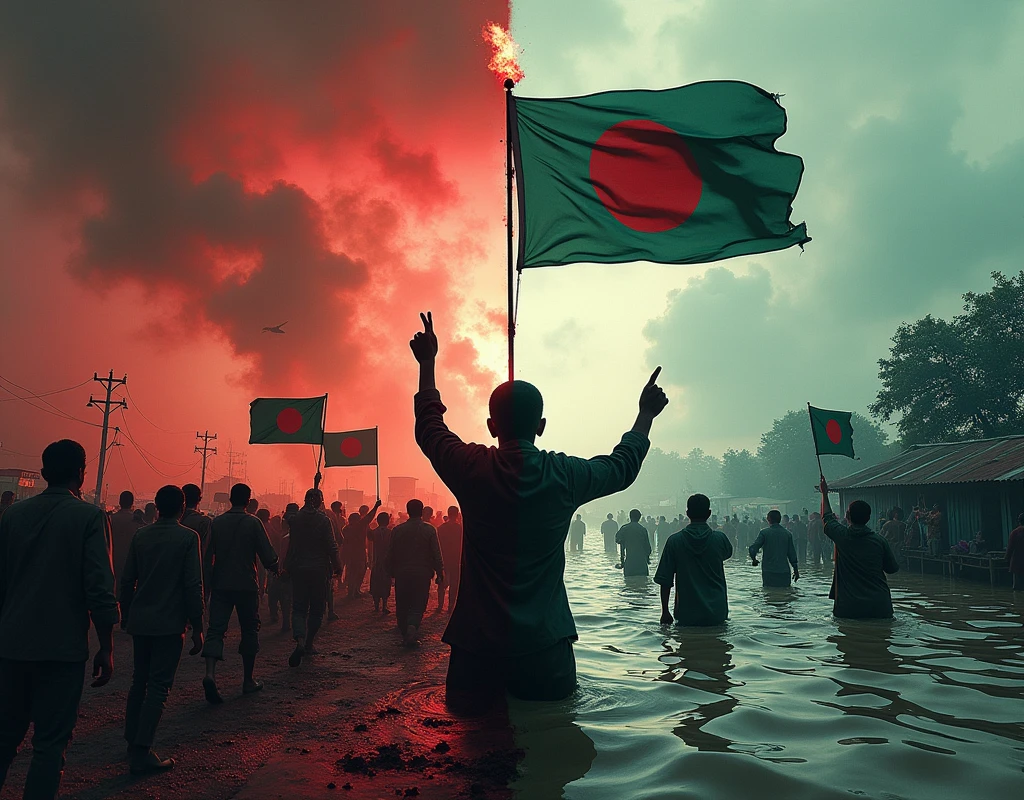 Create an image divided into two powerful scenes, unified by the presence of the **Bangladeshi flag** symbolizing resilience:
- **Left Side:** A vivid and intense portrayal of the **Bloody July** protests in Bangladesh against a dictator government. The scene should depict determined Bangladeshi protesters clashing with heavily armed forces. Banners and flags, including the Bangladeshi flag, are raised high, with streets filled with tear gas and the red of blood symbolizing the cost of fighting for freedom. The atmosphere is tense, with dark clouds overhead, representing oppression and the struggle for justice.
- **Right Side:** A contrasting yet equally dramatic depiction of **Floody August** in Bangladesh, focusing on the devastating effects of floods in the regions of **Comilla, Feni, and Noakhali**, caused by India's dam opening without notice. The scene should show submerged homes, people wading through waist-deep water, and desperate families seeking refuge on rooftops, with the Bangladeshi flag standing tall amidst the chaos. The background features raging waters overwhelming everything in its path, with key locations in Comilla, Feni, and Noakhali prominently marked. The water should be tinged with darkness to reflect the anger and sorrow of the people.
The overall mood should be somber yet resilient, with a seamless transition between the two scenes, highlighting the ongoing struggle and suffering of Bangladesh. The Bangladeshi flag should be a prominent, unifying symbol across both sides of the image, representing hope and resistance.