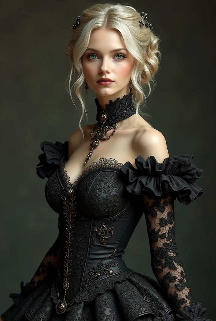 Woman in dress and boots , Baroque Dress, Wearing an elaborate steampunk dress, Elegant Gothic Princess, Victorian Gothic ta Fashion, historical Baroque Dress dark, Black Gothic Dress, Fantasy style clothing, Rococo Dress, Black Rococo, Fantasy Costume, wearing a Gothic Dress, Romantic Dresses, Gothic Dress,blonde,,(((Upper body portrait)))