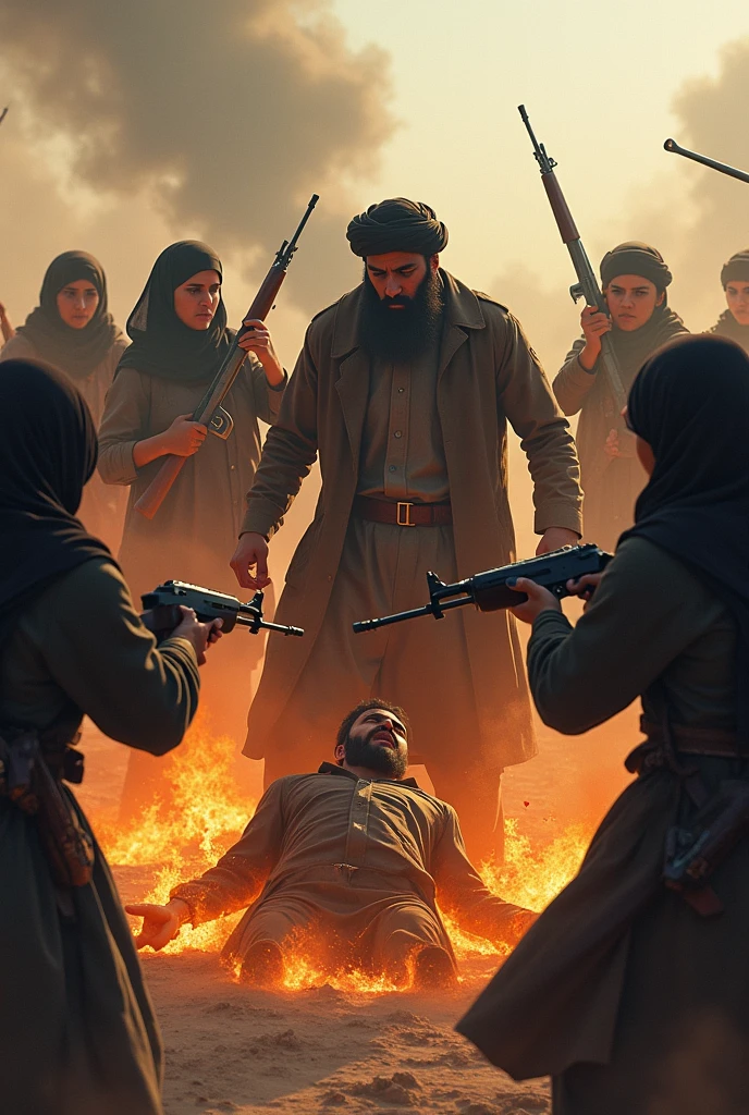 Angry, armed and revolutionary afghan school girls are throwing a big bearded and helpless Taliban leader in a grave full of fire
