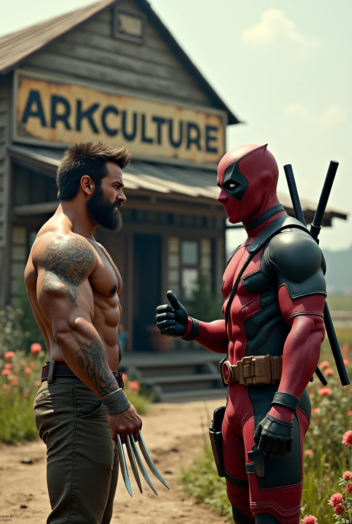 Wolverine and deadpool discussing near an Agriculture shop named "ARIKCULTURE"