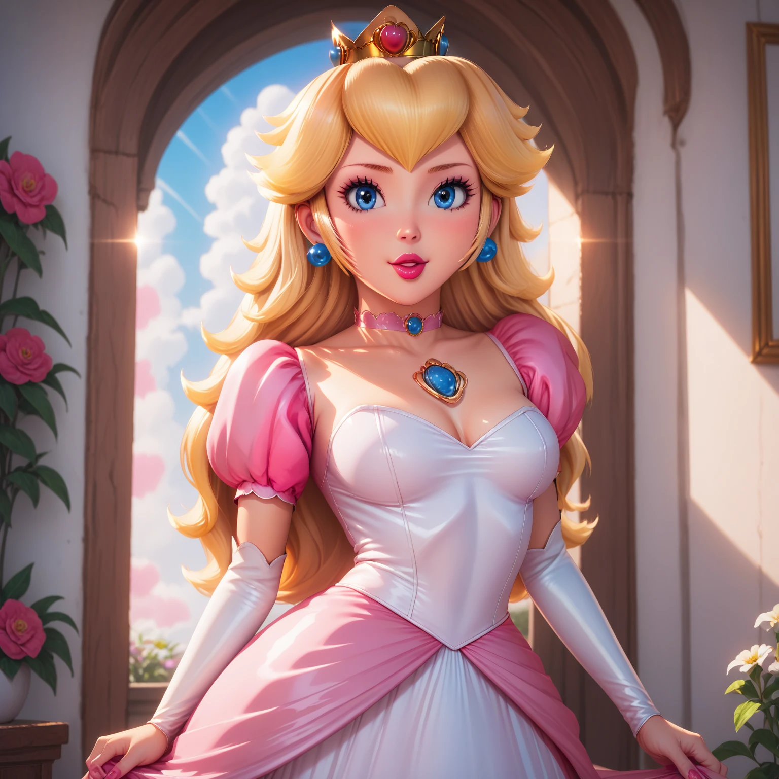 PRINCESS PEACH, 1 girl, beautiful detailed blue eyes, beautiful detailed lips, extremely detailed face, long eyelashes, loose wavy blonde hair, ornate crown, elegant wedding dress, revealing dress, intricate embroidery, lush garden, dramatic lighting, photorealistic, 8K, high resolution, sensual pose. the whole body.