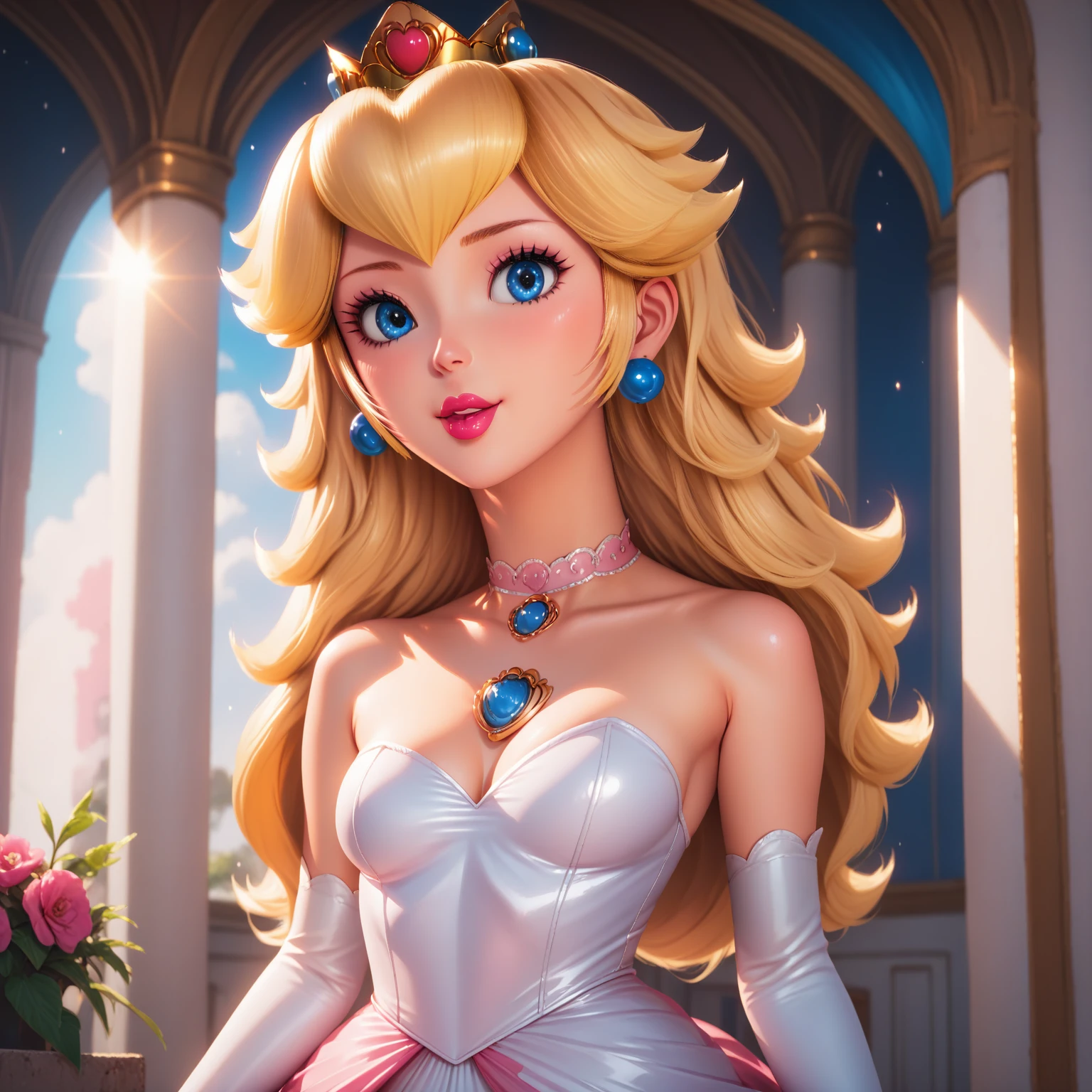 PRINCESS PEACH, 1 girl, beautiful detailed blue eyes, beautiful detailed lips, extremely detailed face, long eyelashes, loose wavy blonde hair, ornate crown, elegant wedding dress, revealing dress, intricate embroidery, lush garden, dramatic lighting, photorealistic, 8K, high resolution, sensual pose. the whole body.