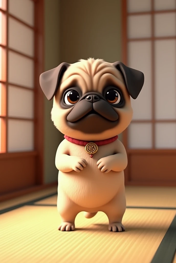 A small pug dog standing with its front paws raised and facing forward。Realistic feel。
Big eyes with a cute, human-like expression。Slightly larger head than body。limbs are short。
Wearing a belly band。Glossy texture。
The background is a Japanese-style room。

