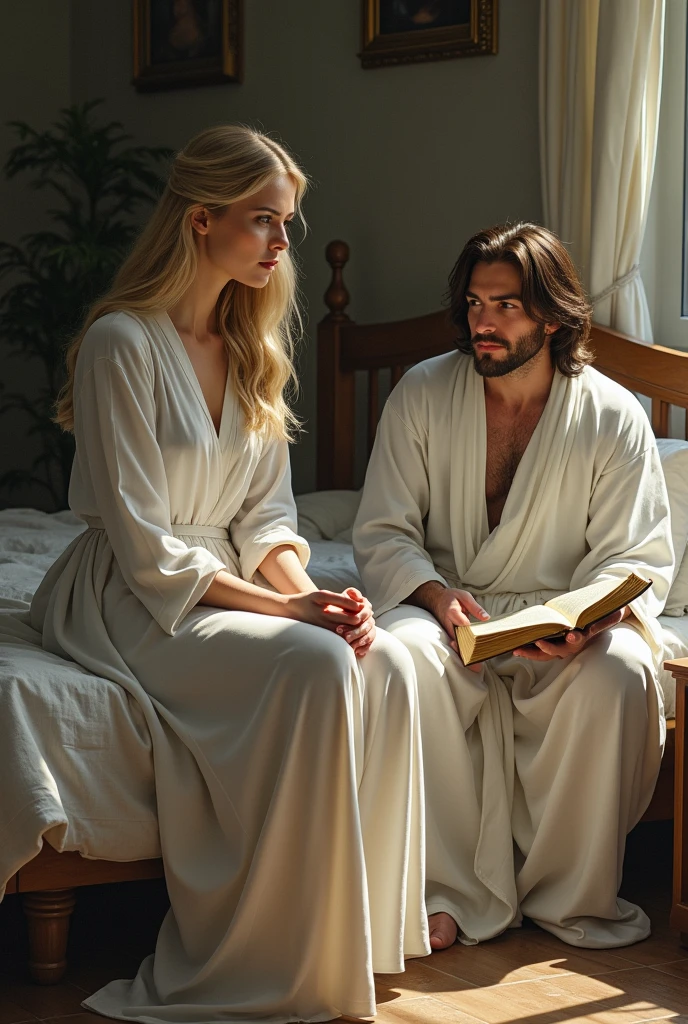 Blonde woman sitting on the bed in the room next to her a man in a white robe brown hair Jesus and the Bible on the bed