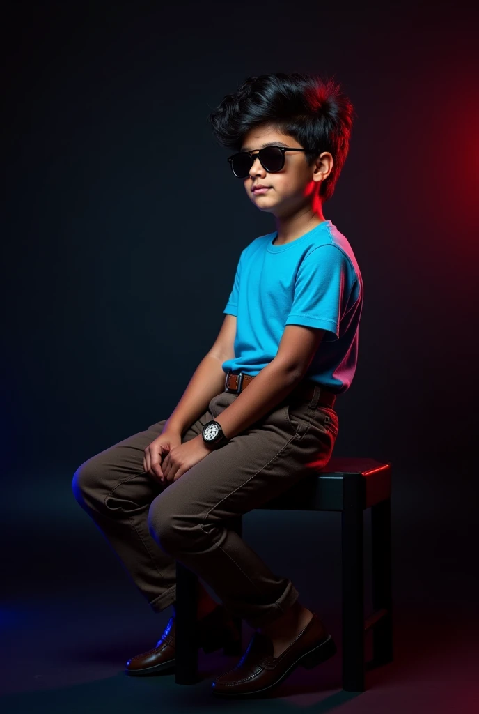 A tan boy with and black wave hair and wearing a sunglass, sky blue short sleeve shirt tucked with dark brown belt with black long trousers , old watch, dark brown loafers and sitting on black stool and black background around red and blue light on it the boy turning right side and seeing right side