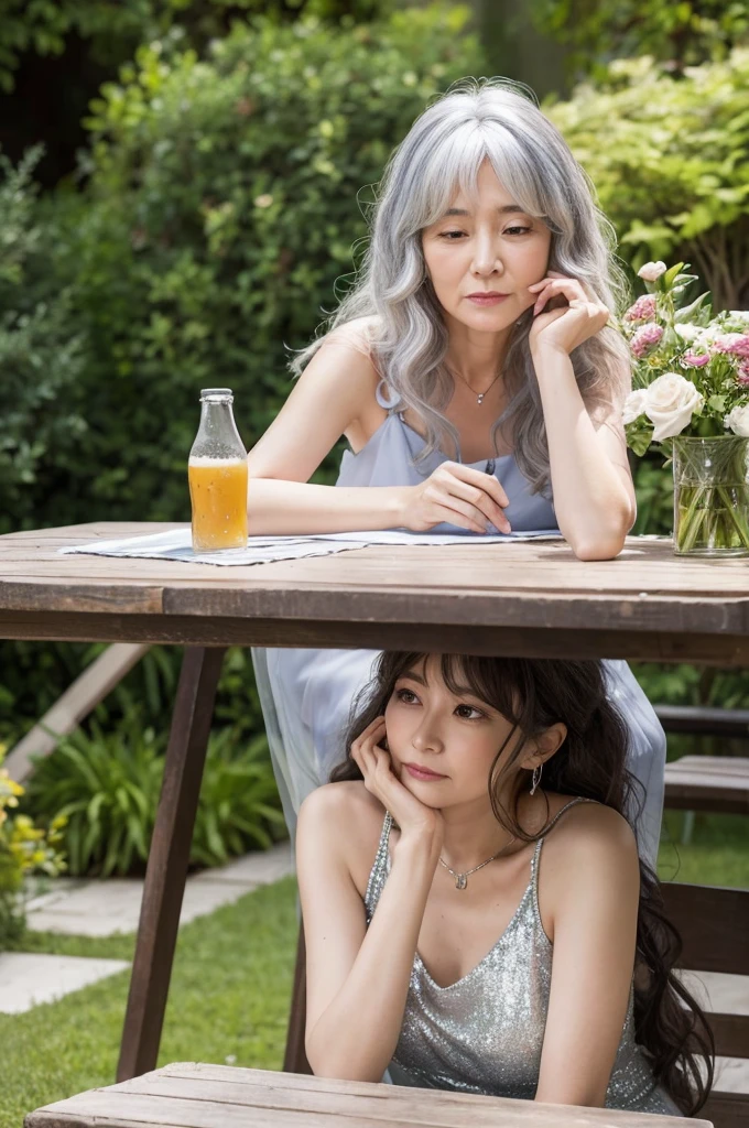 A woman in her 50s is sitting in a garden on a Sunday wearing a long silver party dress.。With a tired face and messy hair, she looks like she just woke up。Beer and wigs on the garden table。