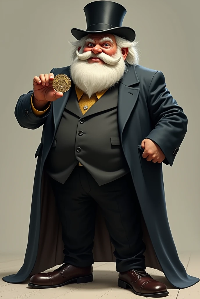 Uncle Scrooge with a coin in his hand full body realistic
