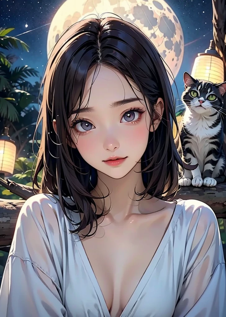 An illustration、1 Cute、Supervised by Junji Ito、Wide open eyes、Small pupils、Overaction、Overreaction、Pretending to be scared、A cute  sits on a tree branch、Cat、A dweller in a hole in a huge dead tree、The world of little people、Twisted Dead Tree、Pale Full Moon、Starry Sky、bat、Lamplight、Fantasy art、An illustrationアート、High delicate、Beautiful lighting