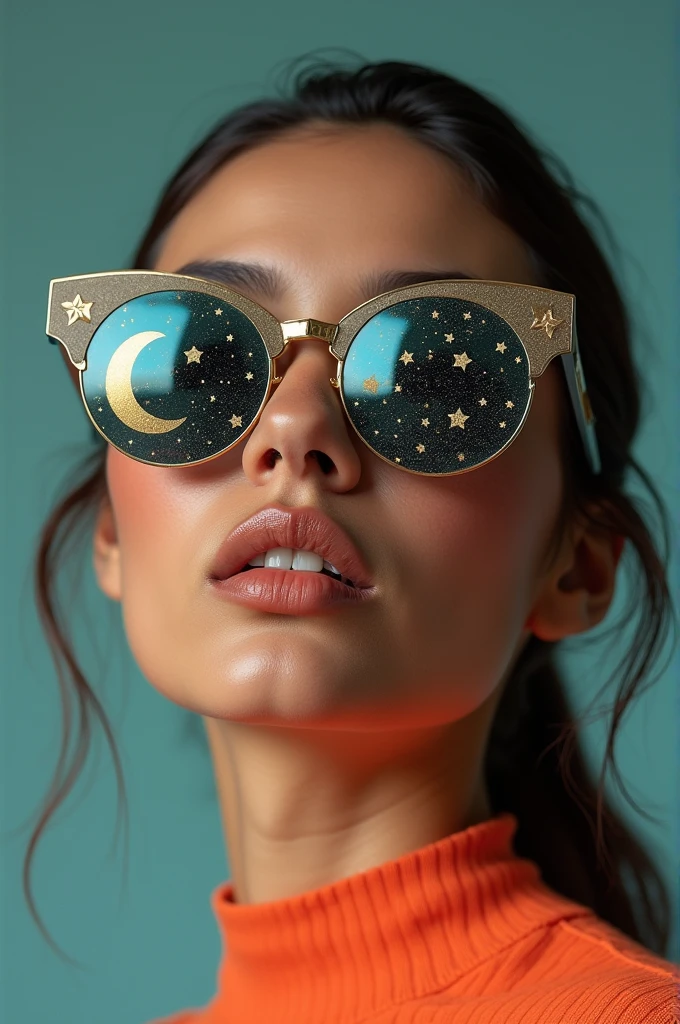 The model is wearing glass sunglasses with stars and the moon on the glass