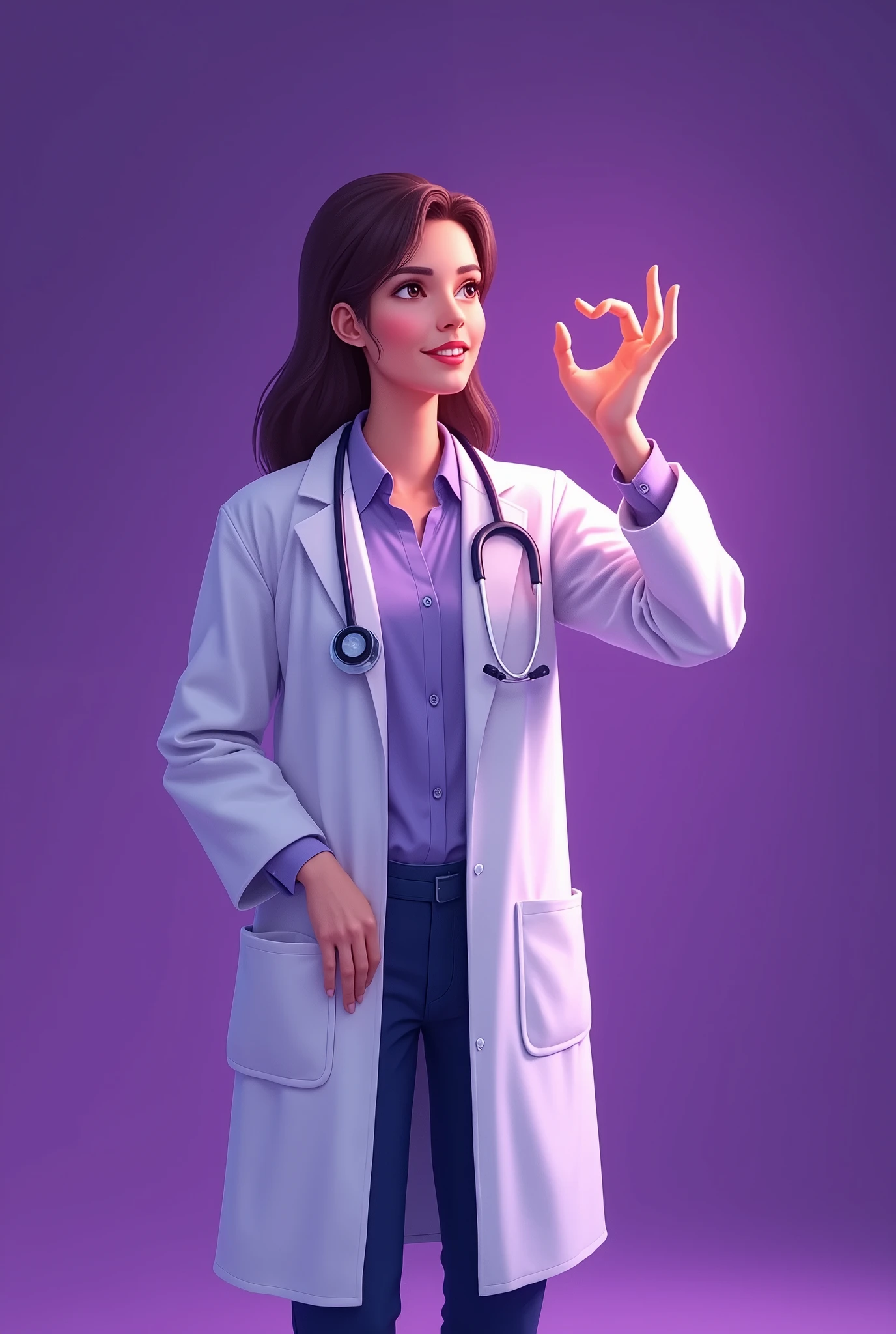 Create a doctor making a heart with her hand and the background is purple
