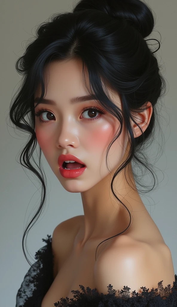 (((4 woman))) , masterpiece , modern, Verism, masterpiece, super detail, best quality, 4K , A beautiful woman, black hair, chignon hair, She has his mouth wide open, showing a very surprised expression.