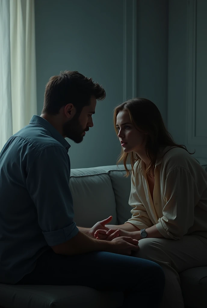 a woman and a man in the room, with a charged atmosphere. The man is sitting on a sofa, talking about your life, while the woman listens to him with an expression of intense concentration. The atmosphere is silent and tense.