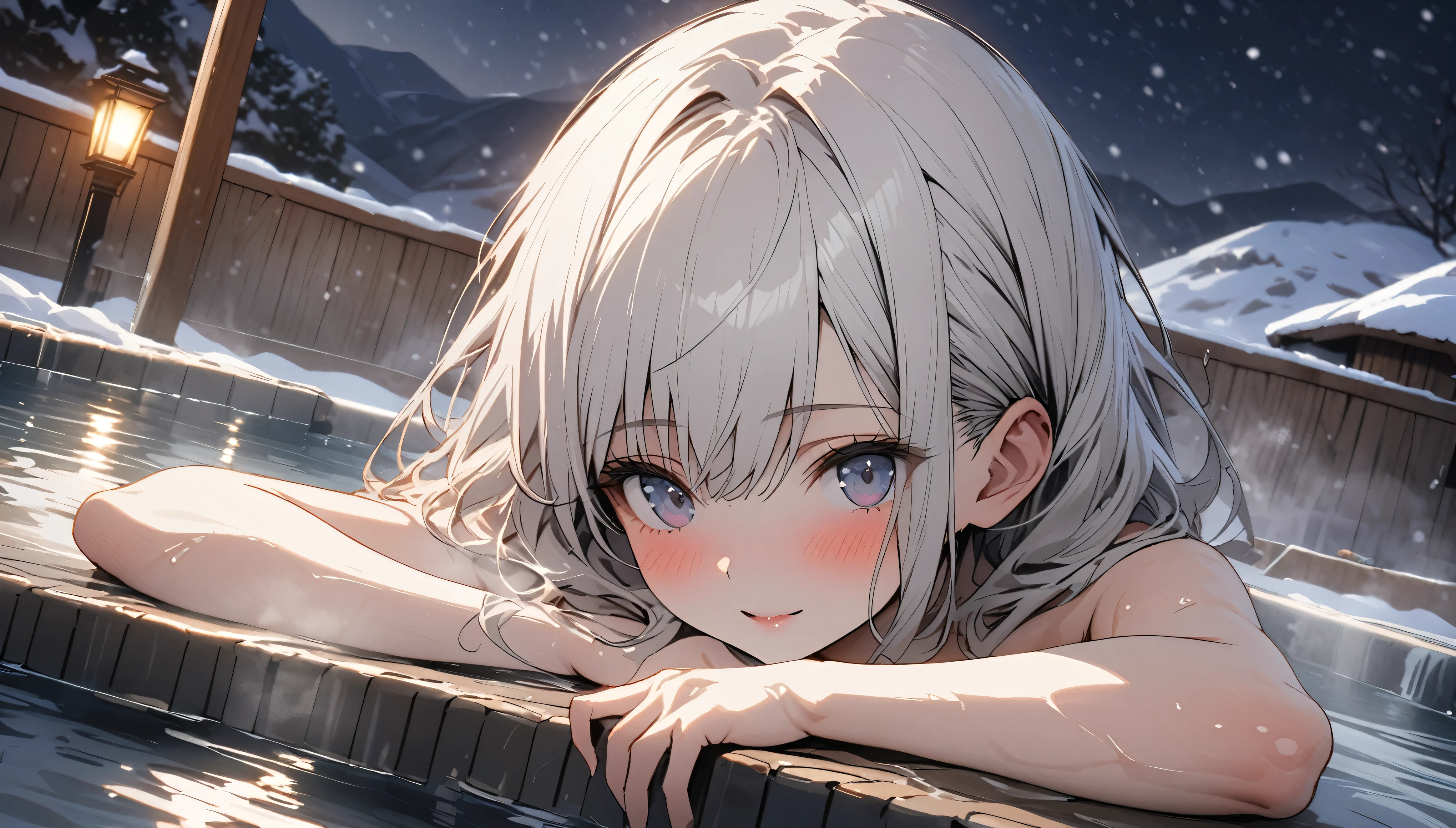 Beautiful girl with white hair, Hot spring inn, Soak in the hot springs，Open-air hot spring pool, out-of-door，nude，Only the head is above water，Leaning on the poolside，winter，Snowfall，Night，midnight，Hot water steam, Fog surrounds, Very delicate lace, best quality, 4K, 8k, Very detailed, High Detail, masterpiece