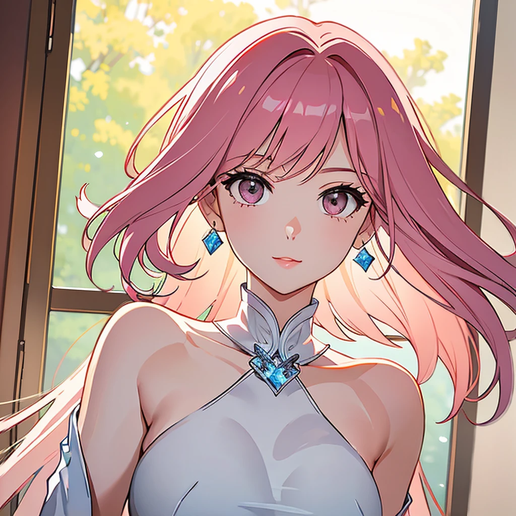 (masterpiece, high quality, best quality, 4k, 8k:1.4), 1girl, solo, pink hair, beautiful brown eyes, double-parted bangs, long hair, (mature female, mature:1.2), mole under eye, earrings, white flowy dress, close up, detailed face, beautiful detailed eyes, beautiful detailed lips, extremely detailed face, long eyelashes, intricate details, soft lighting, warm color palette, indoors