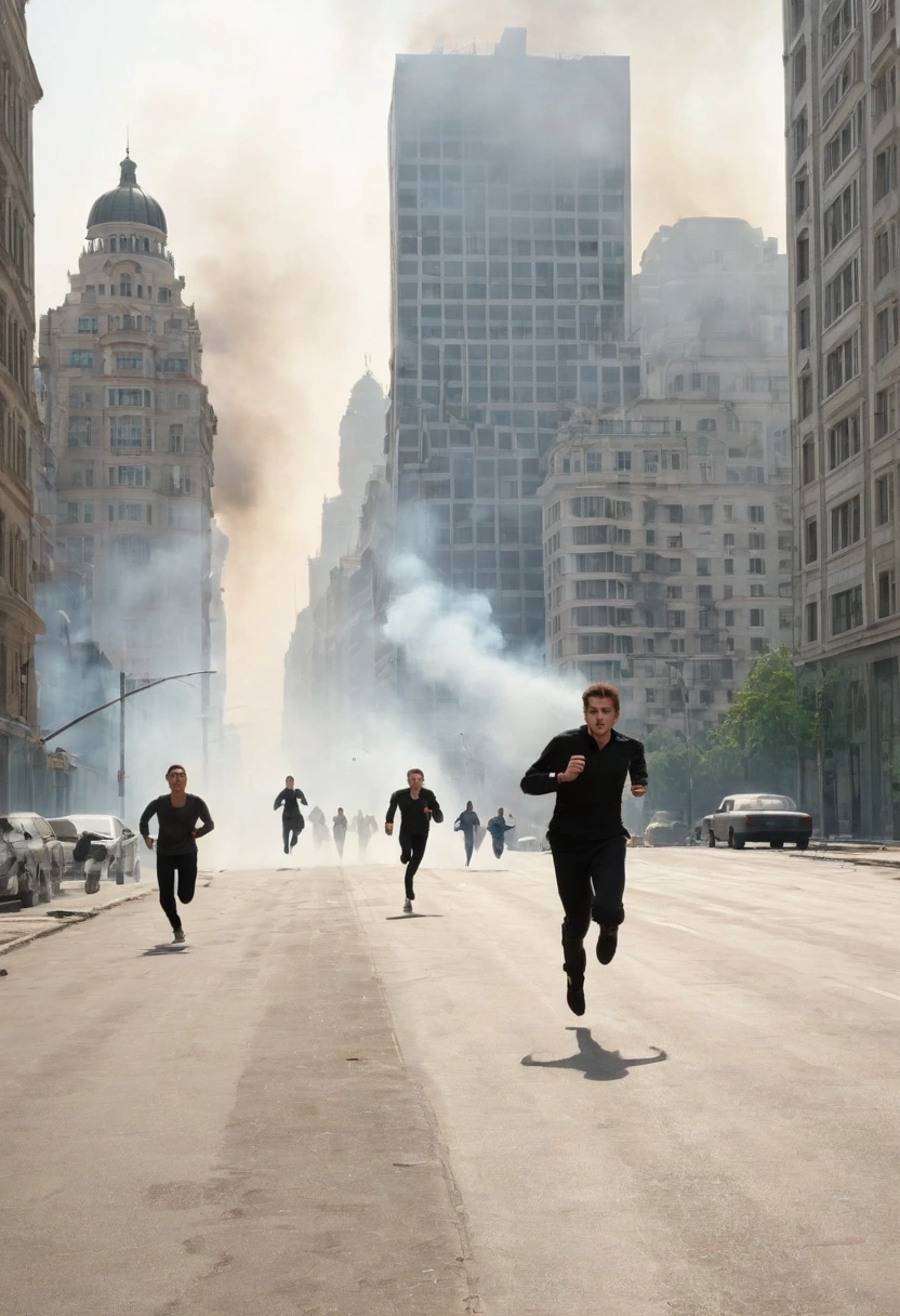 Several people terrified, well-groomed, running away on the street of a big city, tall buildings around, lots of smoke