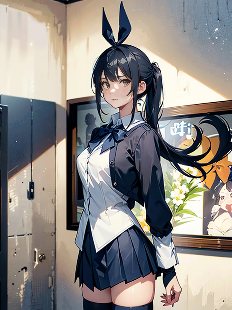 One person, Height: 155cm,Black Hair, ponytail, The body is slim,Small ,Bad mood, Slanted Eyes, High school uniform,Navy blue blazer,White blouse,Orange bow ribbon tie,Grey mid-length flare skirt,Navy blue knee socks,Black Loafers,Character Profile, Vanishing Point, Ultra Wide Angle, Japanese illustration style, High resolution, Anatomically correct, masterpiece, accurate, High resolution, Damaged, detail, 高いdetail, High-resolution model, quality, Very detailed, Retina, 高quality, Textured skin, Ultra high definition, Character design drawings, Setting diagram,