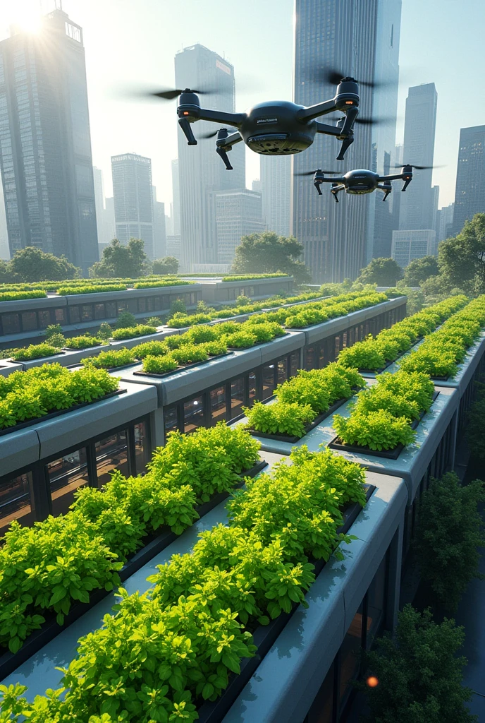 {Subject: High-tech urban rooftop farm} 
A photorealistic image of an innovative rooftop farm set in the heart of an urban environment. The farm features hydroponic towers, powered by smart irrigation systems and solar panels, along with automated drones tending to the crops. Modular greenhouses are visible, each optimized for different types of plants, and interactive screens provide real-time updates on plant health and weather conditions. The surrounding city skyline forms a contrasting backdrop to the vibrant greenery of the farm. The design blends urban grays and blues with rich greens and yellows, creating a modern, sustainable visual experience.

{Image Type: Photorealistic} 
A sleek, innovative aesthetic that emphasizes the sustainable integration of high-tech farming within an urban setting. The image highlights the vibrant greenery of the farm in contrast with the cityscape.

{Art Style Keywords: Photorealistic, Urban, Modern, Sustainable, High-tech Farming}

{Lighting: Natural, bright lighting} 
Natural, bright lighting is used to bring out the vibrant greens and yellows of the farm, contrasting with the urban environment.

{Camera and Shot Details: High-resolution, mid-range shot} 
A high-resolution, mid-range shot captures the rooftop farm’s advanced technology and the surrounding cityscape, focusing on the integration of nature and urban living.

{Render: Ultra-realistic, 4K resolution}
An ultra-realistic render in 4K resolution ensures that every detail of the farm and the urban backdrop is captured with precision.
