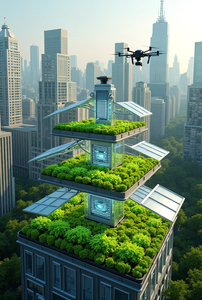 {Subject: High-tech urban rooftop farm} 
A photorealistic image of an innovative rooftop farm set in the heart of an urban environment. The farm features hydroponic towers, powered by smart irrigation systems and solar panels, along with automated drones tending to the crops. Modular greenhouses are visible, each optimized for different types of plants, and interactive screens provide real-time updates on plant health and weather conditions. The surrounding city skyline forms a contrasting backdrop to the vibrant greenery of the farm. The design blends urban grays and blues with rich greens and yellows, creating a modern, sustainable visual experience.

{Image Type: Photorealistic} 
A sleek, innovative aesthetic that emphasizes the sustainable integration of high-tech farming within an urban setting. The image highlights the vibrant greenery of the farm in contrast with the cityscape.

{Art Style Keywords: Photorealistic, Urban, Modern, Sustainable, High-tech Farming}

{Lighting: Natural, bright lighting} 
Natural, bright lighting is used to bring out the vibrant greens and yellows of the farm, contrasting with the urban environment.

{Camera and Shot Details: High-resolution, mid-range shot} 
A high-resolution, mid-range shot captures the rooftop farm’s advanced technology and the surrounding cityscape, focusing on the integration of nature and urban living.

{Render: Ultra-realistic, 4K resolution}
An ultra-realistic render in 4K resolution ensures that every detail of the farm and the urban backdrop is captured with precision.
