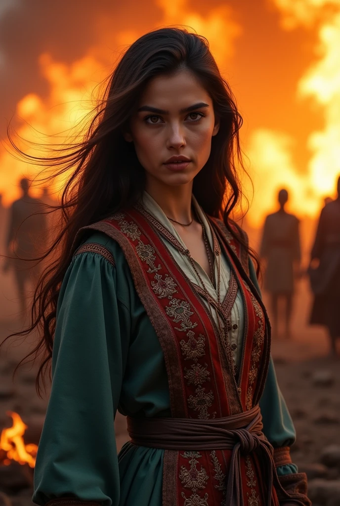 An intense scene with an alluring Azerbaijani woman in the foreground. She has strong, determined eyes, framed by her dark, flowing hair. She wears traditional Azerbaijani clothing, richly embroidered with intricate patterns, symbolizing cultural pride. Behind her, the background is engulfed in flames, resembling a fierce battle scene. The flames are wild and chaotic, casting a fiery glow that highlights her resolve and strength. Embers and smoke fill the air, adding to the drama of the moment, while shadows of distant combatants can be faintly seen through the inferno.Size: 1024x1024