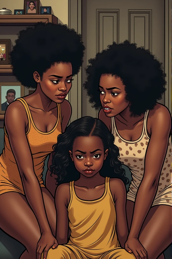 Create a picture of Ada and Chinyere, Peter's sisters mocking Mimie because she is childless