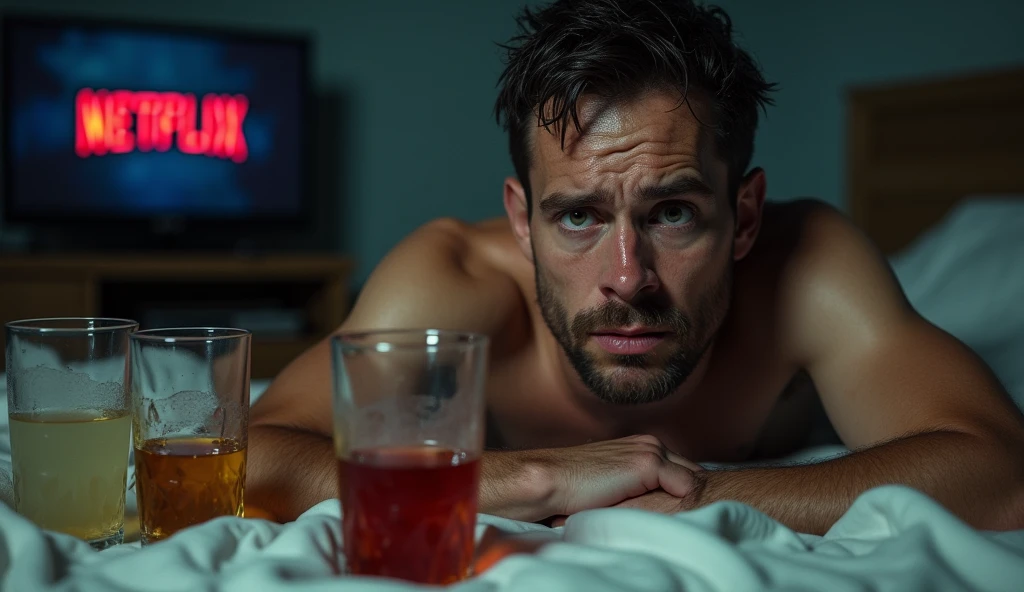 A shocking image of an exhausted young man, wrinkled, perspiring, is in desperation seeking success, looking straight ahead, expression frustrated by seeking success and not achieving it, in the background a television with the Netflix logo, drinks around and a bed with a prostitute lying on it, symbolizing the distractions that prevent you from achieving success, realisitic,