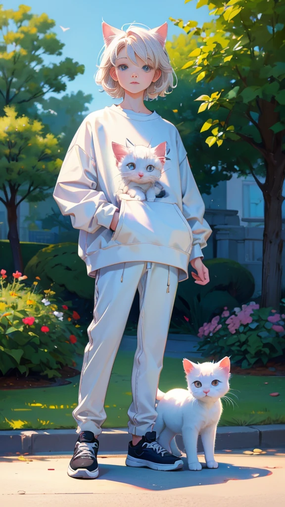 masterpiece,top quality,animal,a little,cute,non-human,White kitten,wearing casual clothes,Standing on hind legs,The background is a park.