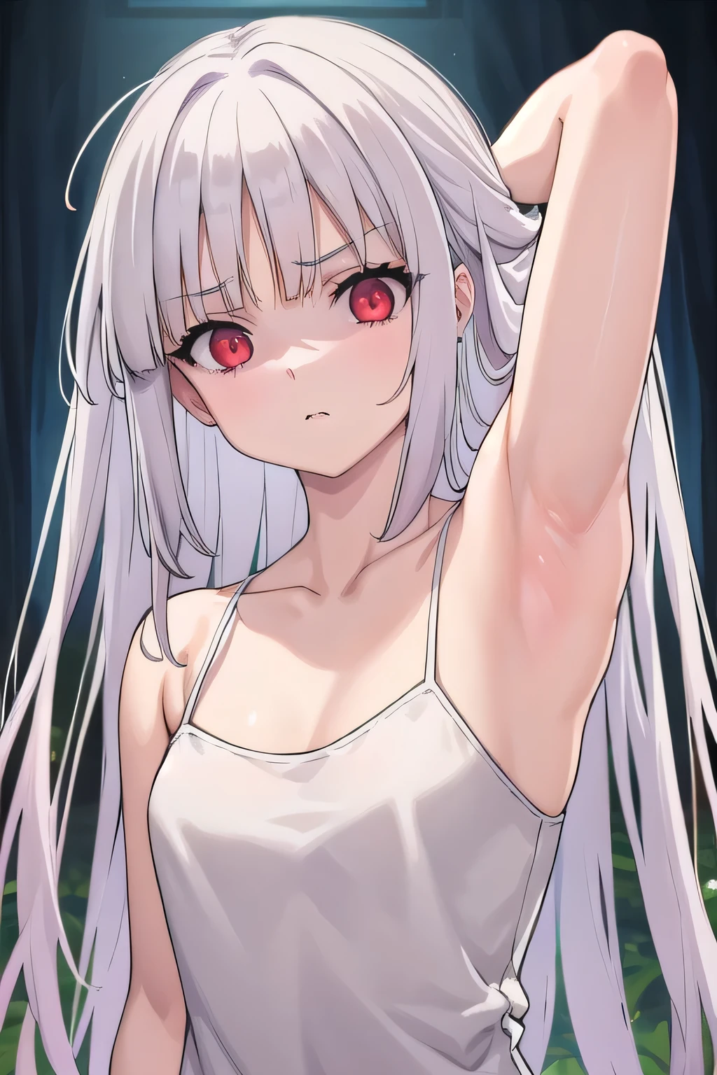 masterpiece, best quality, ultra-high-detailed, disgusted face, white hair, red eyes, sigtuna julie , small breast, arm behind head, left arm, fit body, unpleasure, disdaining , furious , arms up, one armpit , spread armpit , face to face, focus to face, Selfie, upper shoulder shot, arms front, teasing, near camera , cynical look eyes, near shot, shoulder shot, armpit to viewer , Shoulder shot, camisole, tanktop